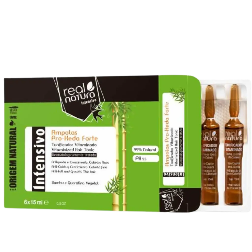 Ampolas Fortificantes "Pro-Keda Forte - Bambu e Queratina Vegetal - Antiqueda e Crescimento. Cabelos Finos" Real Natura 6x15ml